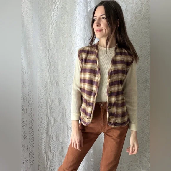 Vintage Plaid Wool Blend Button Front Vest Earth Tone Layered Folk Style - Picture 6 of 15